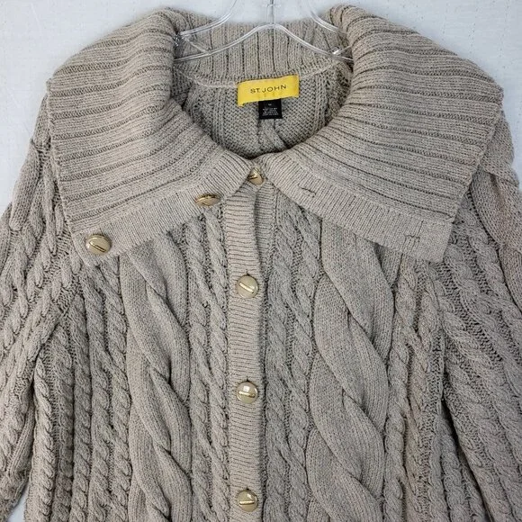 ST. JOHN Wool Blend Sweater Cardigan Fringe Soft Cable Knit Taupe Gray size M - Picture 3 of 15